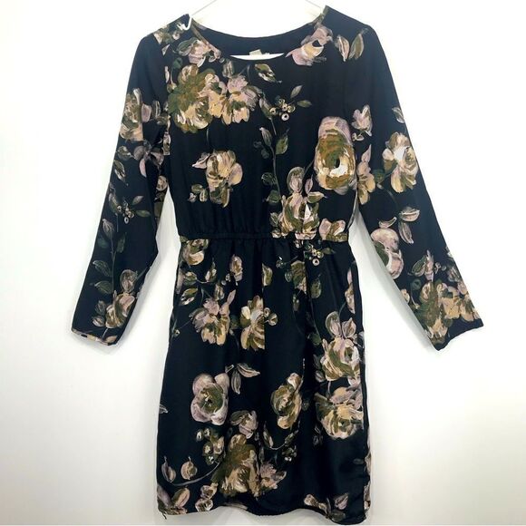 J. Crew Factory Dark Floral Long Sleeve Faux Wrap Skirt Mini Dress - Picture 3 of 16